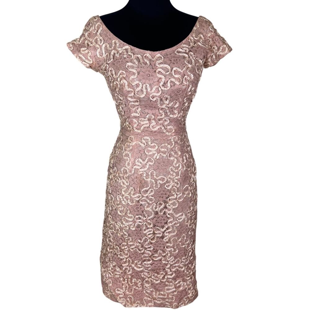 Vintage 50s 60s Pink Soutache Ribbon Lace Wiggle Dress Mad Men Cocktail XS XXS